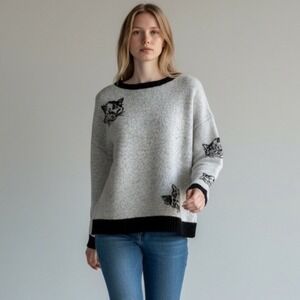 On 12th Kitty Cat Lover Knit Sweater XL Heather Grey Sketch Artsy Great Gift